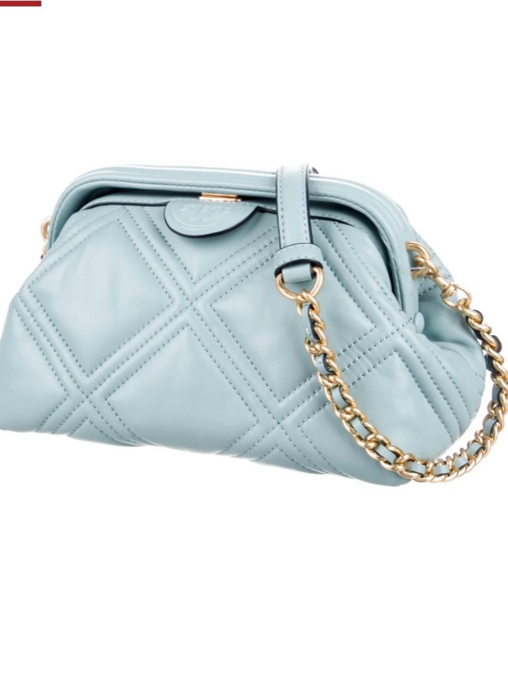 Tory Burch Fleming Soft Small Frame Crossbody is crafted from light blue quilted